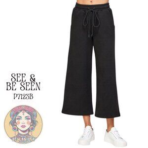 P7123B SEE & BE SEEN Black Textured Cropped Stretch Wide Leg Pants